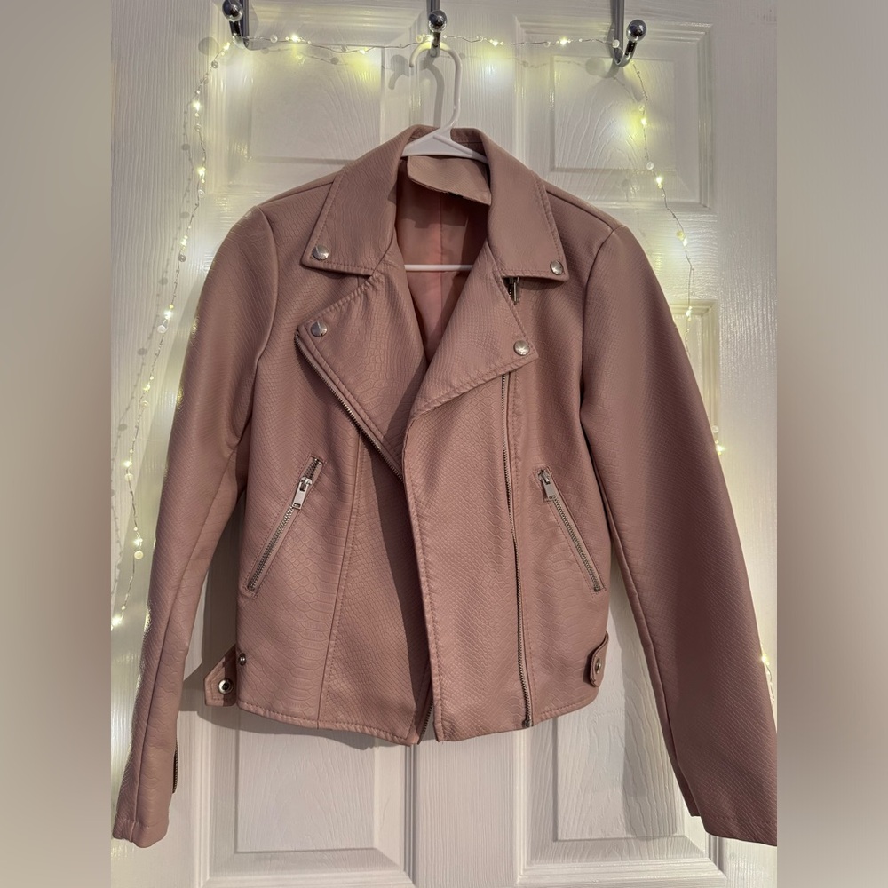 Light Pink Faux Leather Jacket with Silver Buttons and Zippers
